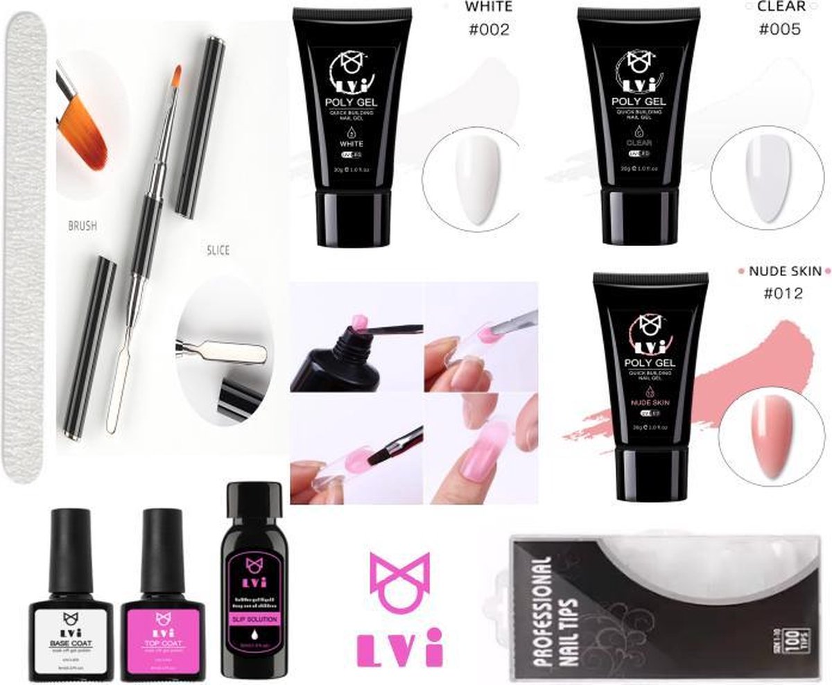 Elvi Polygel 90g starterskit - Nude - Clear- Wit - 3x30gr tubes -Nagelverlenging -Quick Nail Extension