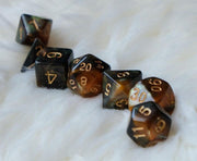 Polyset Dice | Dobbelstenen - Set Van 7 Stuks - Oranje Zwart Glitters en Goud| Polydice | Voor D&D en Andere Rollenspellen | Plastic Dobbelstenen Set voor Dungeons and Dragons | Polyhedral Dice Set