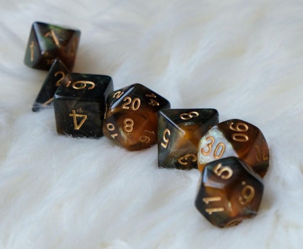 Polyset Dice | Dobbelstenen - Set Van 7 Stuks - Oranje Zwart Glitters en Goud| Polydice | Voor D&D en Andere Rollenspellen | Plastic Dobbelstenen Set voor Dungeons and Dragons | Polyhedral Dice Set