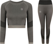 LXURY Tech Crop Trainingspak Maat S/M - Grijs - Naadloze Sport Shirt - Naveltruitje - Dames Crop Top - Yoga & Fitness - Trainings outfit - Fitness top - Sport pak - Vrouwen Trainingspak Compleet