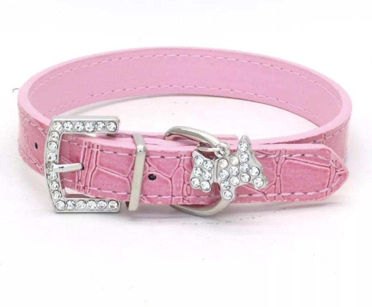 Honden Halsband - Croco Print Halsband - Strass - M - Nek 26 Tot 33 CM - Croco Print - Leren Halsband - Luxory - Roze Honden Halsband - Honden Halsband Met Bedel