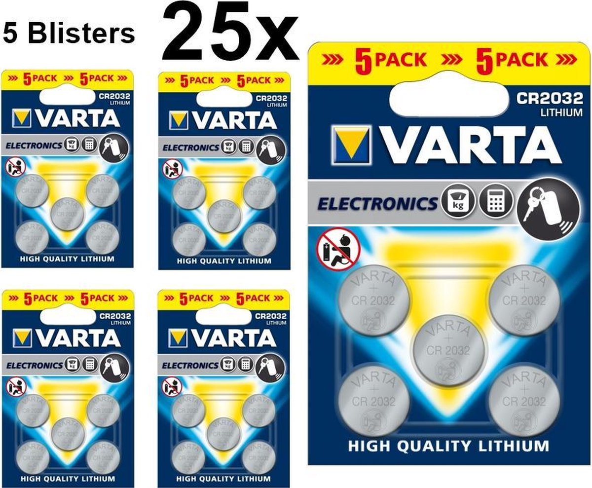 25 Stuks (5 Blisters a 5st) - VARTA CR2032 3v lithium knoopcel batterij