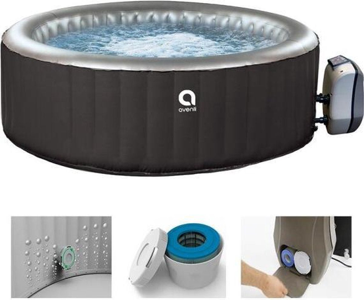 BluMill Avenli Jacuzzi London - Opblaasbare Jacuzzi - Hoge Kwaliteit - Hoogwaardig PVC - 2-4 personen - met Afdekzeil en Grondzeil - Ø 175 x 70 cm - Donker grijs
