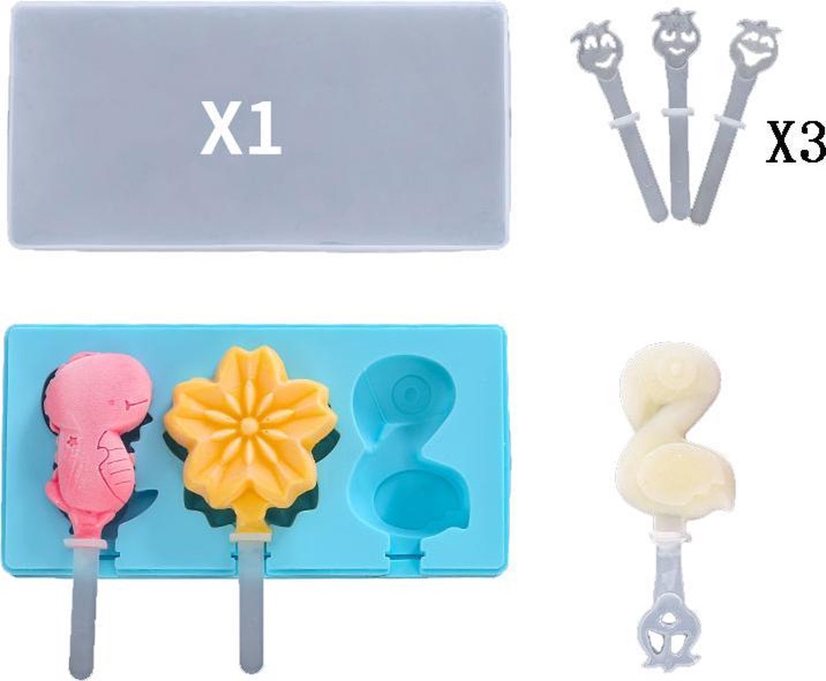 ProductGoods - Ijsvorm Flamingo - Zomer Product - 3 Stuks - Yoghurt Ijsjes - Fruit Ijsjes - Bakvorm - Chocoladevorm - 3 Recyclebaar Stokjes - Kleur Blauw