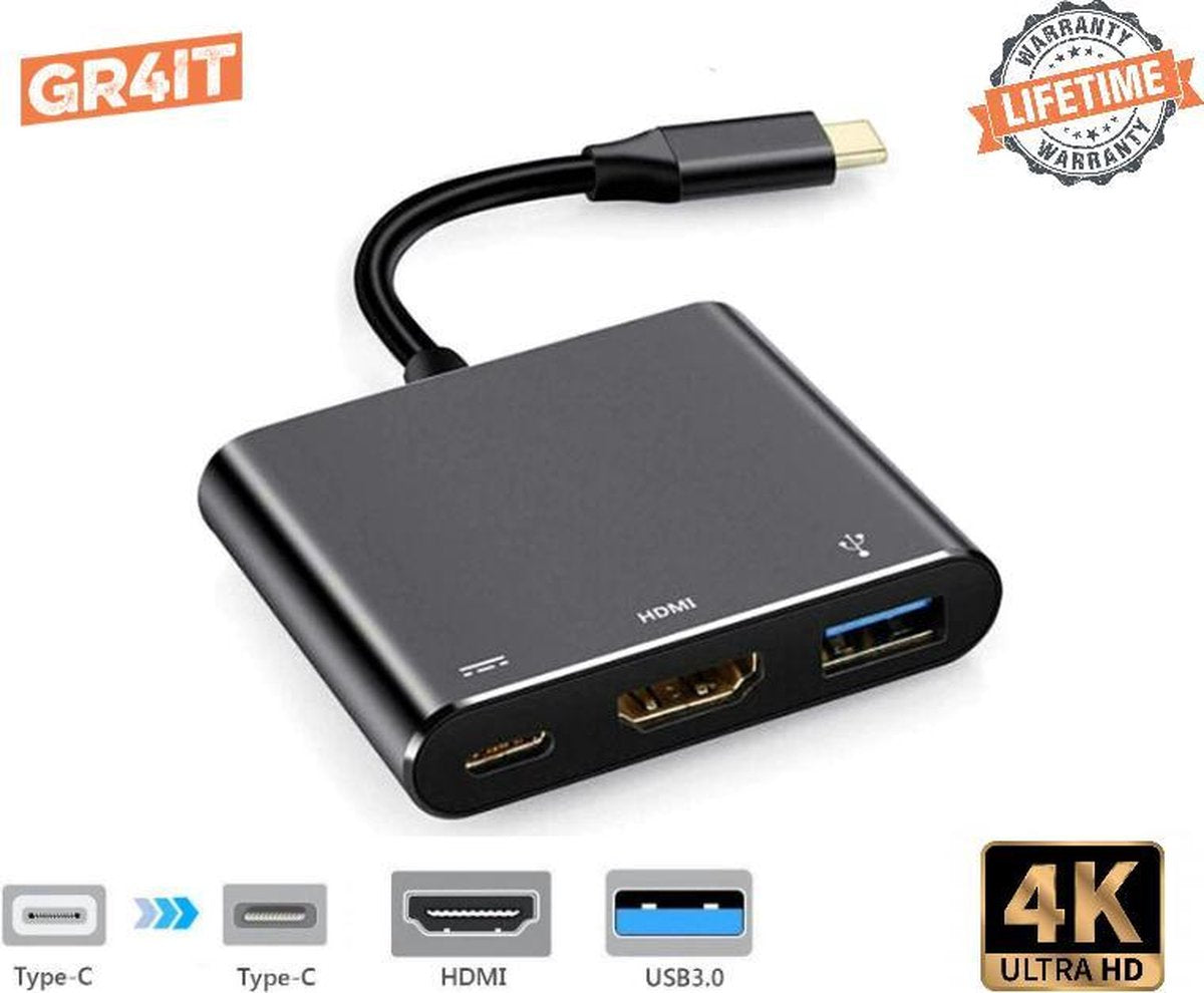 GR4IT Premium USB-C 3 in 1 Adapter| USB-C naar HDMI (4K) - USB A  - USB C Opladen - Zwart