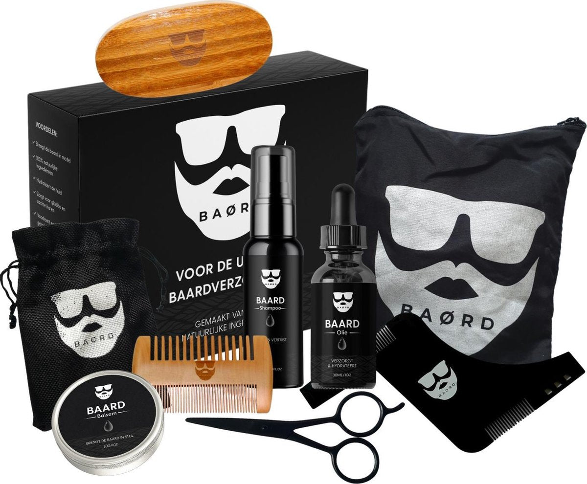 BAØRD Baard Verzorging Set Met Baardolie – Kam – Borstel – Schaar – Balsem – Baard Schort – Shampoo – Opbergtas – Giftbox