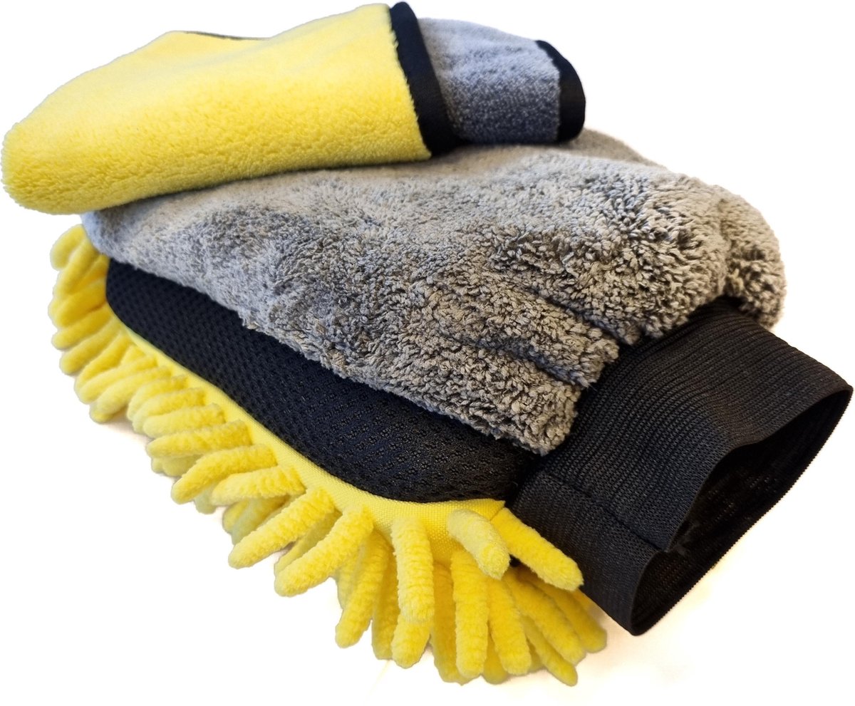 Gadgetpoint | Auto Washandschoen + Doek | Schoonmaakspons | Auto Wassen | Spons |  Schoonmaakdoek | Grijs/Geel
