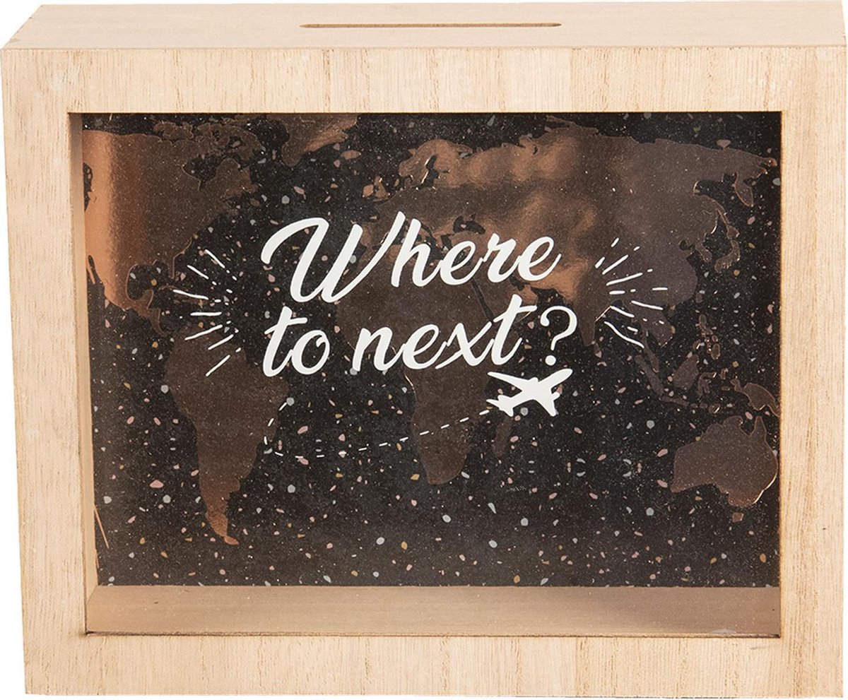 Spaarpot Where to next? | Spaarpot Hout | Spaarvarken | 16x20x7 CM | Houten Kist | Geldkistje | Wereldkaart | Herbruikbaar | Bruin hout leuke spaarpot | Woondecoratie | Hout | Glas |