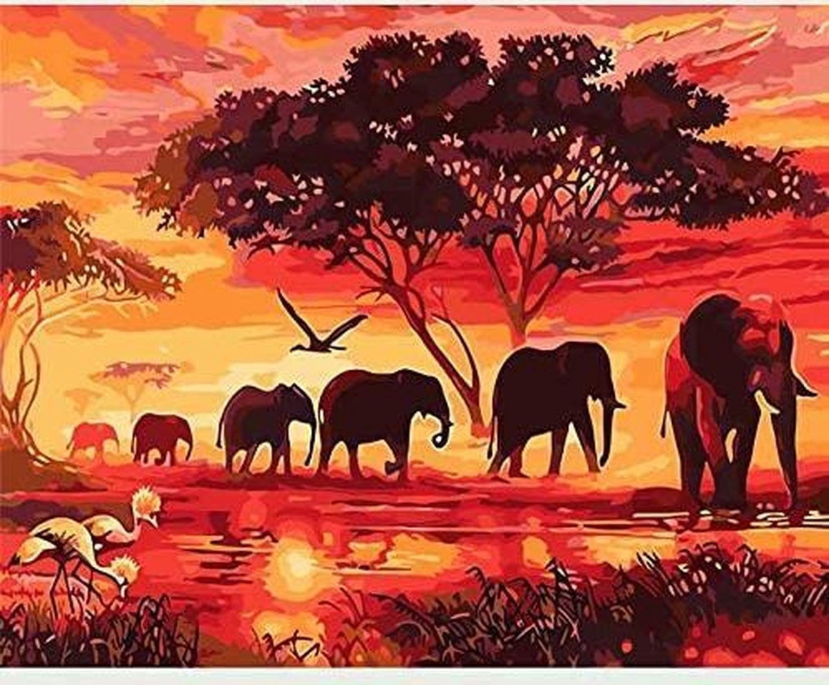 Schilderen op Nummer Volwassenen - 40x50 cm - Olifanten - Savanne - Safari - Paint by Number - Hobby Pakket - Met 3 kwasten - Zonder lijst - Met ophanghaakjes