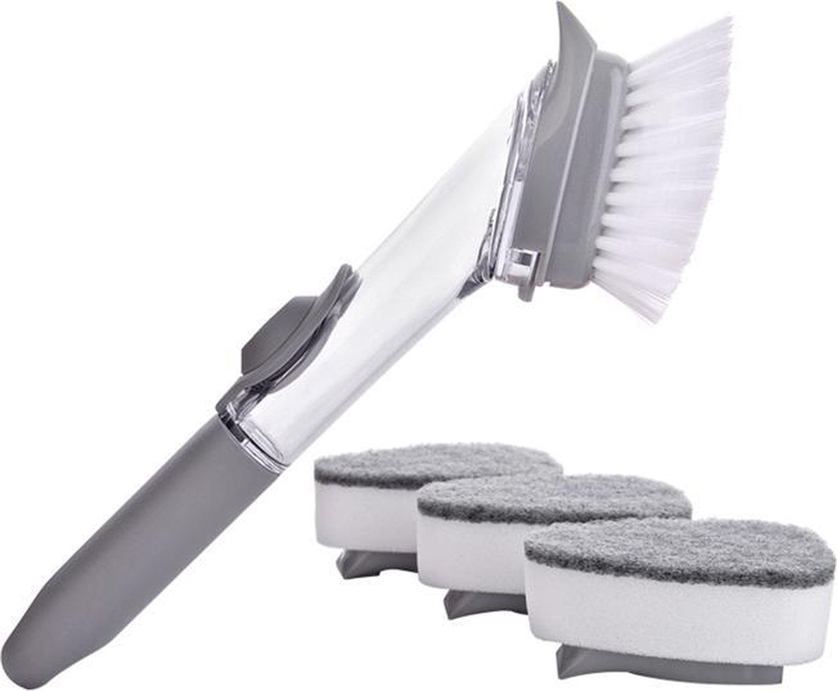 Afwasborstel met Zeepdispenser - Keukenborstel - Afwas - Afwasborstel - Zeep - Borstel - Multifuncioneel - Afneembare borstel - Kunststof - Transparant - 2 in 1 Keuken Borstel set - schoonmaak borstel - reinigingsborste