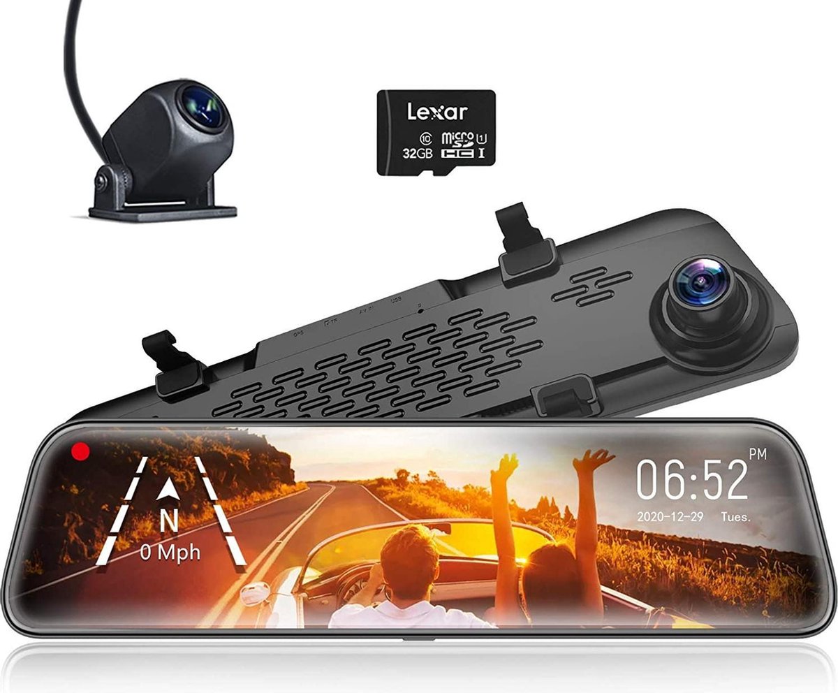 Spiegel Dashcam 12" IPS Touchscreen  Full HD  + HD Duo camera  GPS tracker (Gratis 32 GB TF-kaart)