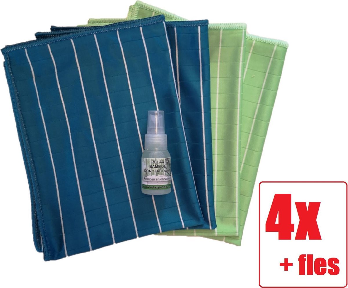 Bamboe Glasdoek - Glasdoeken - Microvezeldoek - Zeem - Droogdoek - Zeem - Ramendoek - Keukendoek - Wonderdoek - Streeploos schoonmaken - ACTIE 4 STUKS  + Relax Bamboe Concentraat