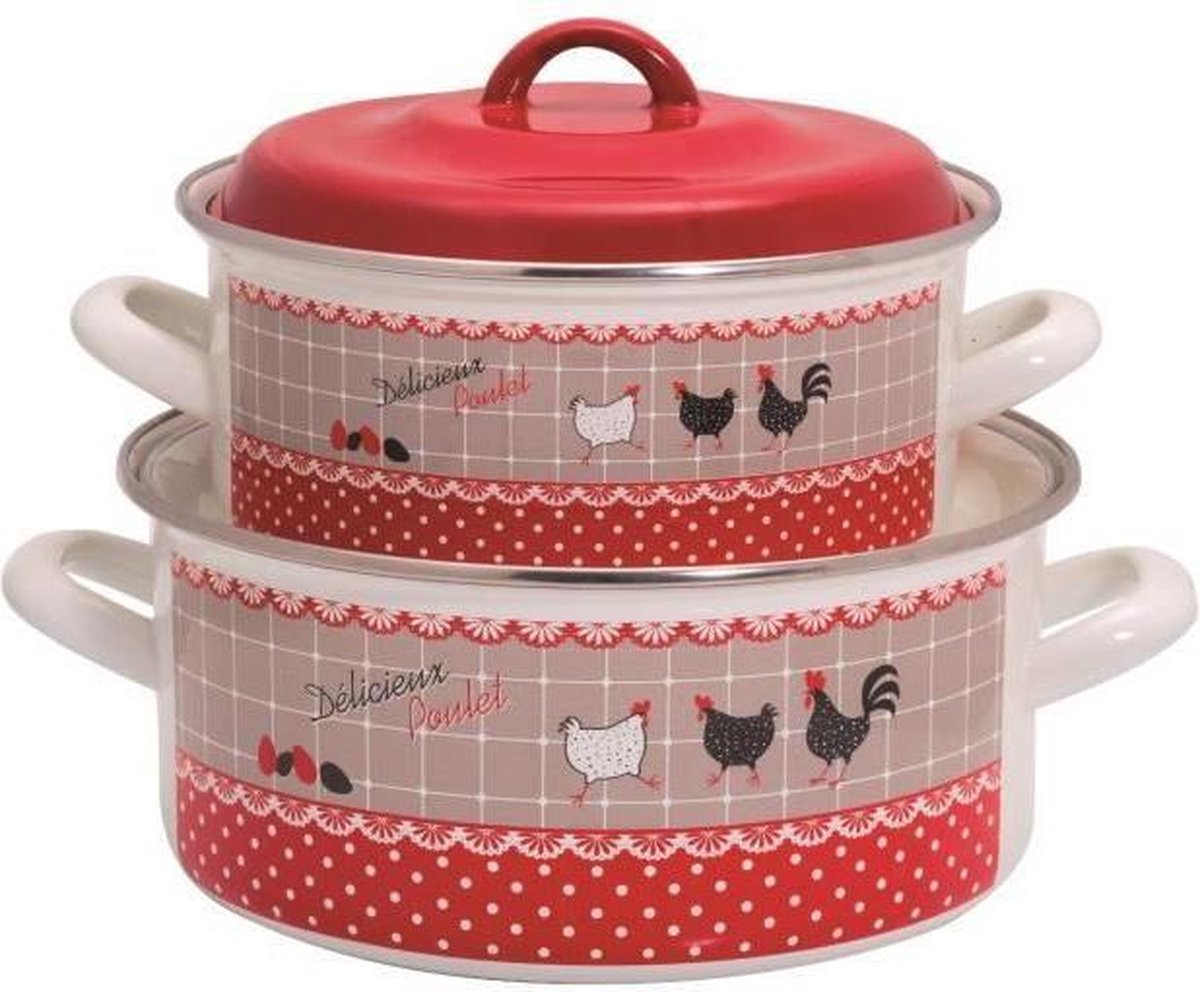 Baumalu Kookpan met Deksel - Ø 20cm - Emaille - Patroon Kip
