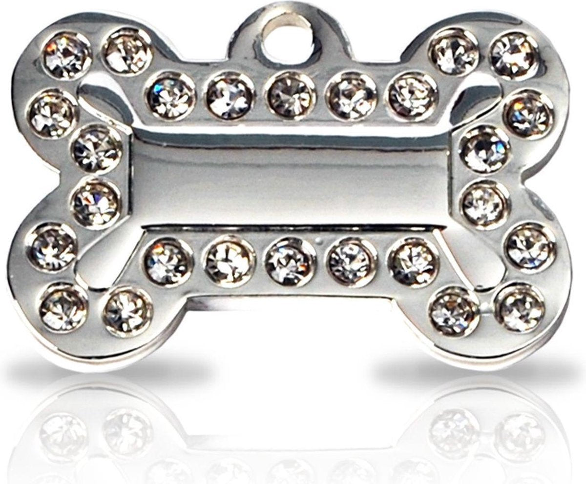 Hondenkeldertje - Dierenpenning | Glamour Bone - Small - Zilver met Strass steentjes| 3x2cm | éénzijdig graveren | inclusief verzendkosten