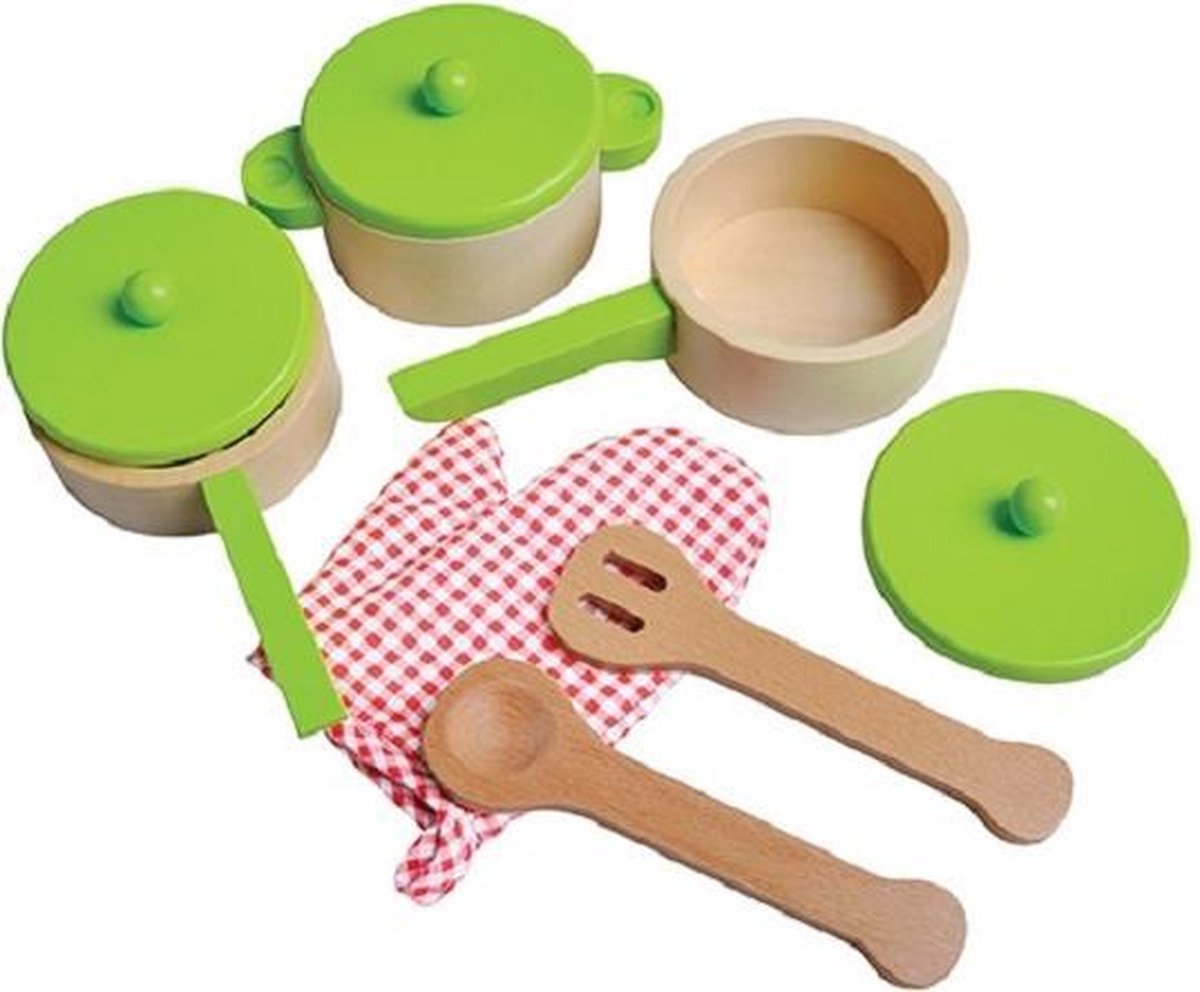 Houten pannenset limegroen 9 delig