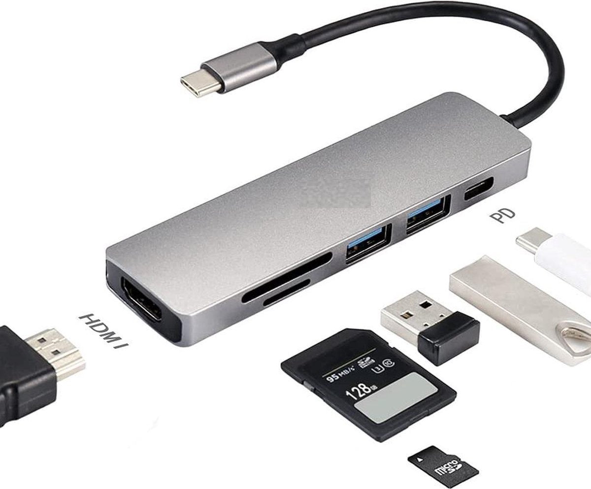 Aluminium USB C Hub Macbook Pro 2016 / 2017 / 2018 / 2019 - HDMI - USB C - Geheugenkaart - Geschikt voor Macbook Pro / Smartphone / Windows / Adapter / HDMI 4k / Thunderbolt 3 / SD/ Micro SD/ Pro 2016 / 2017 / 2018 / 2019 / Space Grey