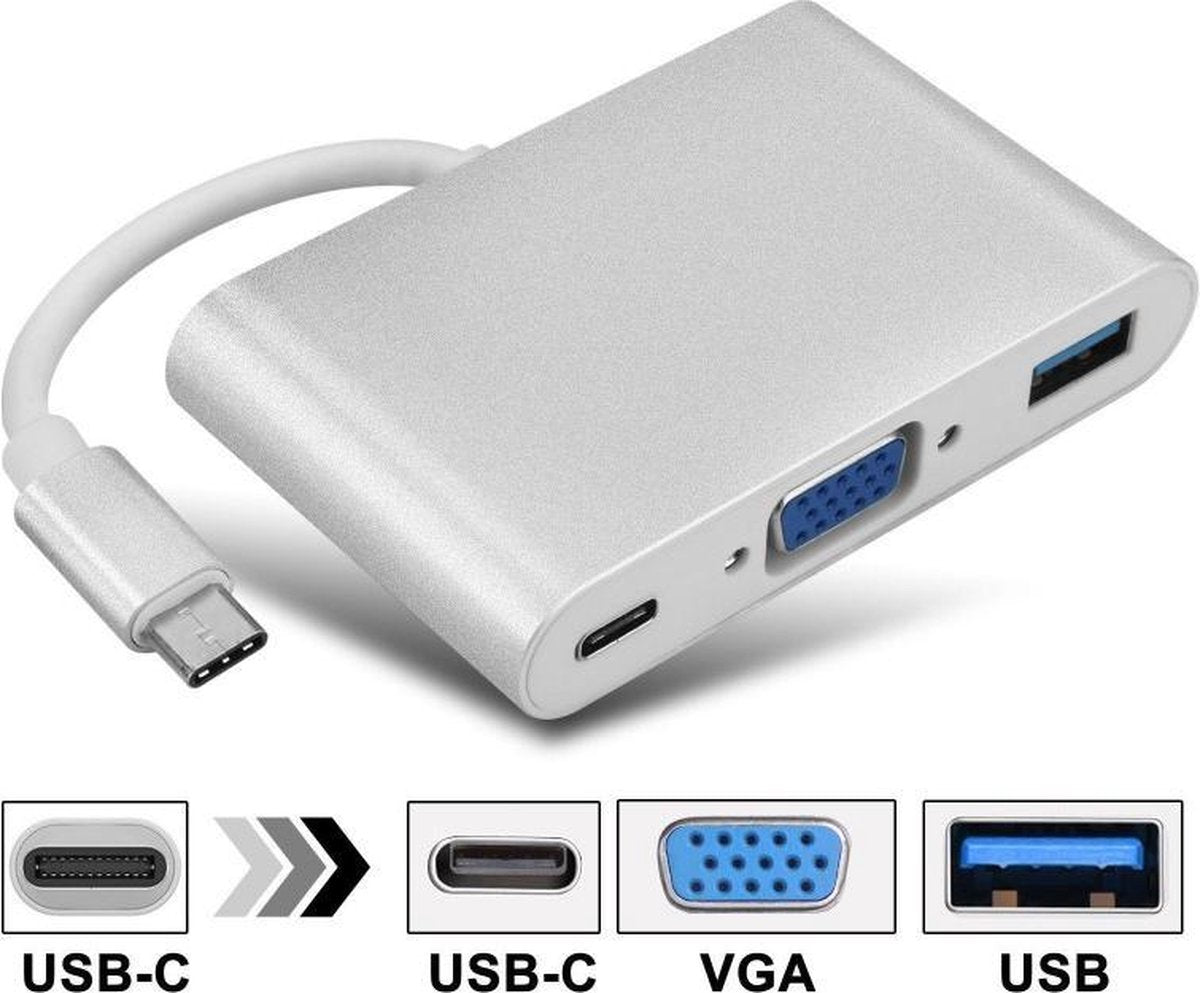 Garpex® Aluminium hub van Type C naar VGA USB3.0 type A en USB type C Power Delivery 5Gbps Zilvergrijs 23cm