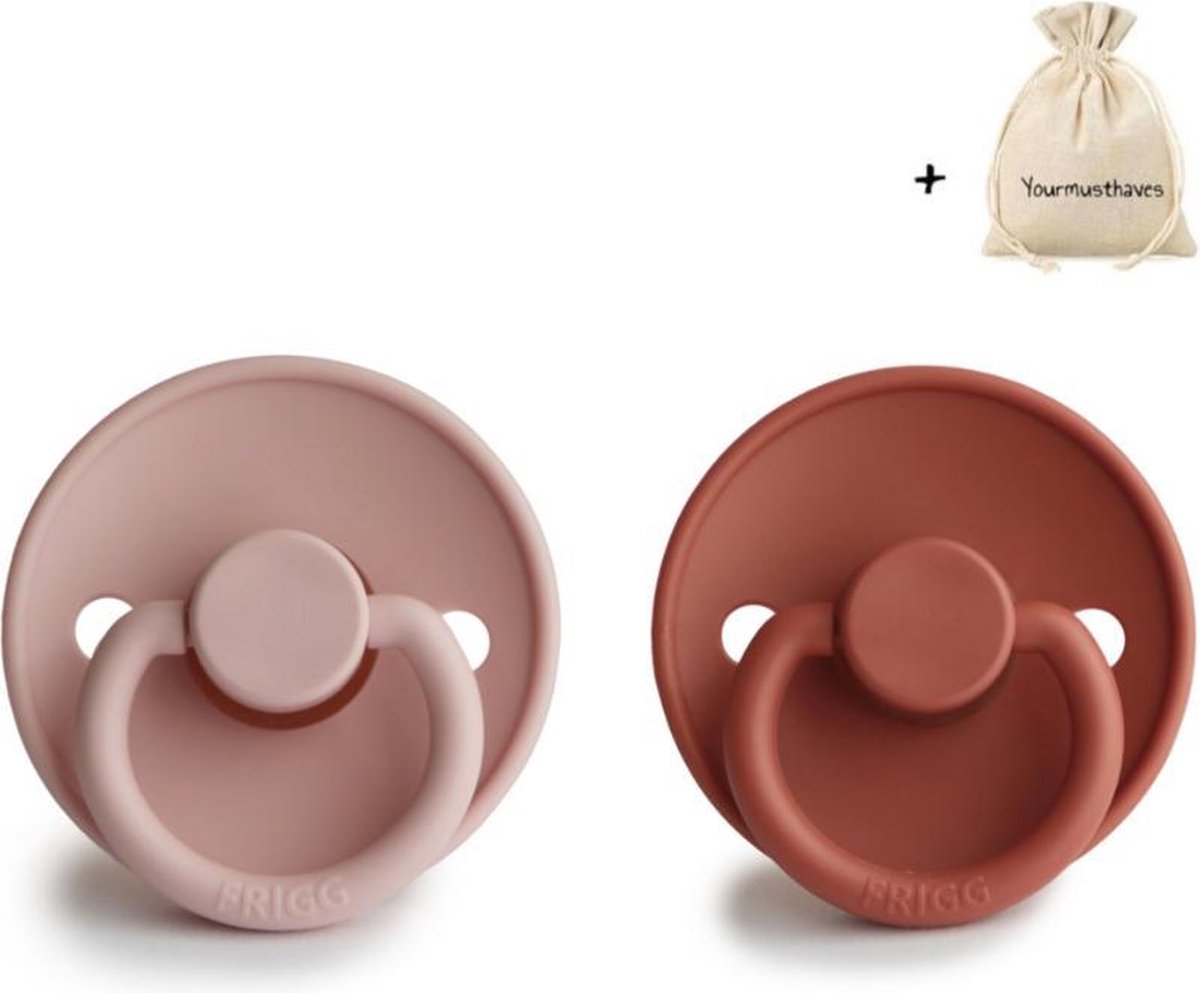 FRIGG | Fopspeen Duo | T1 | 0-6 maanden | Classic | Silicone | Blush + Baked Clay | Met YOURMUSTHAVES speenzakje