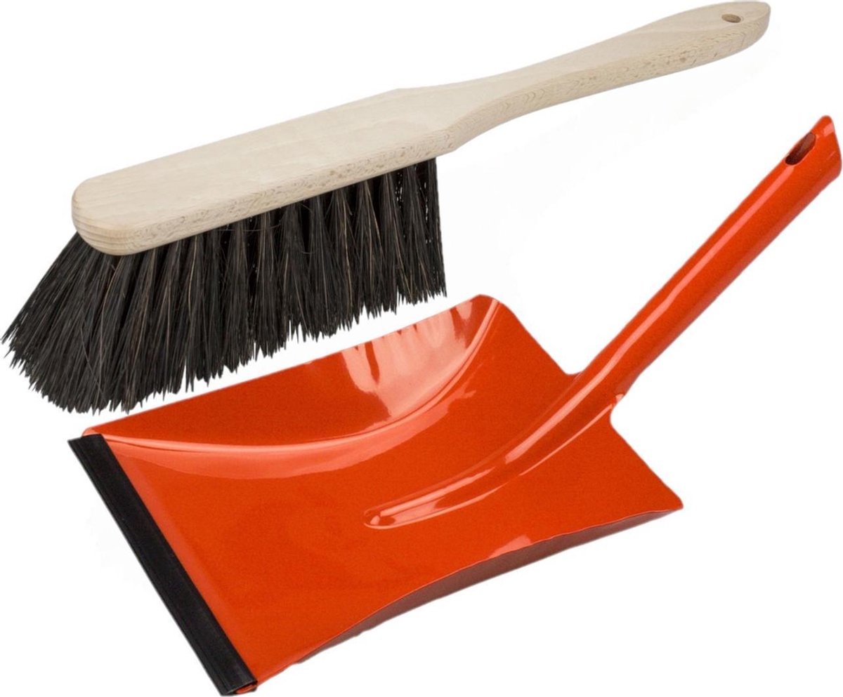 Stoffer en blik rood van metaal/hout/Arenga vezel met lip en lange steel voor binnen - Zachte borstel/handveger
