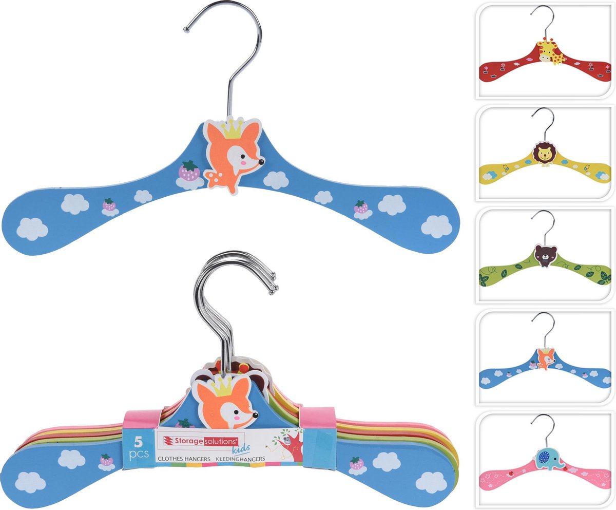 Kledinghangers voor baby/kinderkleding - set van 5 stuks - verschillende kleuren - dieren - 28xH15cm