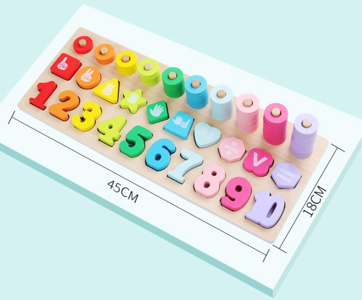 Extra Grote 3-in-1 Houten Nummer Puzzel & Houten Getallen Puzzel & Rekenpuzzel - Rekenen & Kleuren & Vormen & Nummer & Vormenpuzzel - Tellen en stapelen - Wooden Blocks - Montessori Toys - Ik Leer Cijfers - Montessori speelgoed | Smartgames kinderen