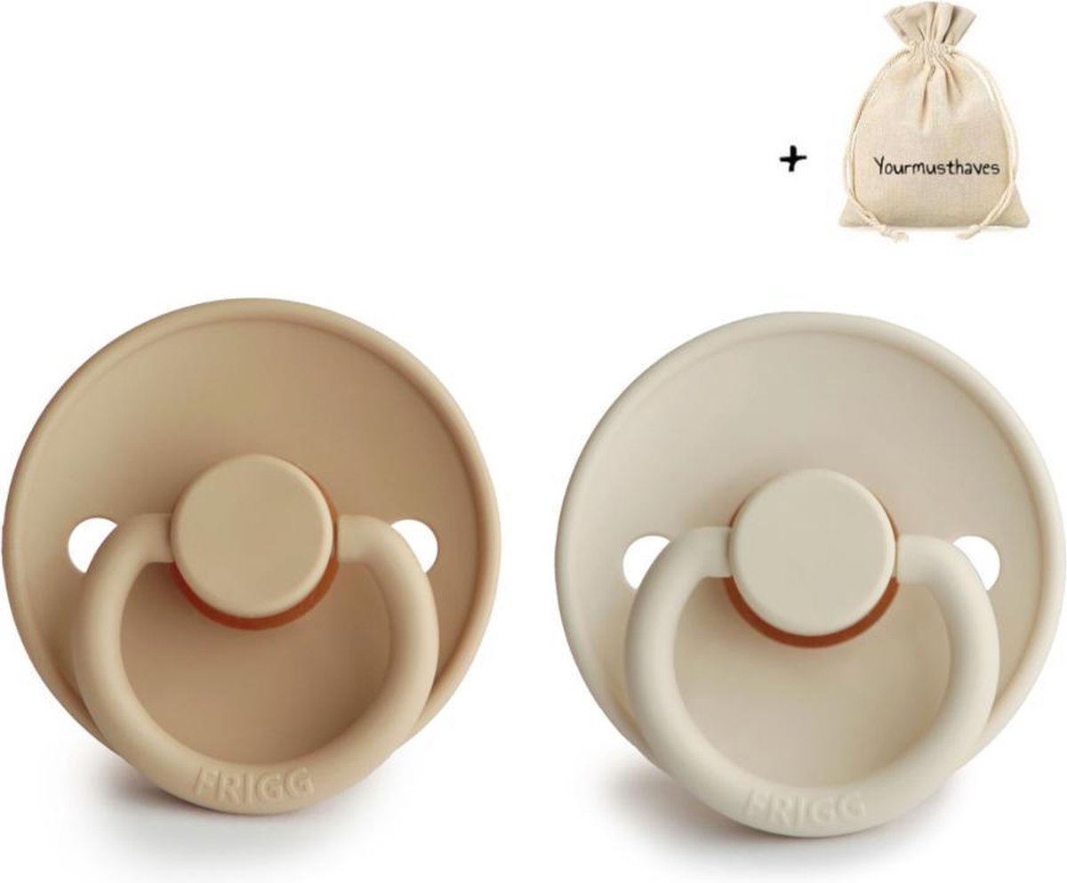 FRIGG | Fopspeen Duo | T1 | 0-6 maanden | Classic | Silicone | Cream + Croissant | Met YOURMUSTHAVES speenzakje