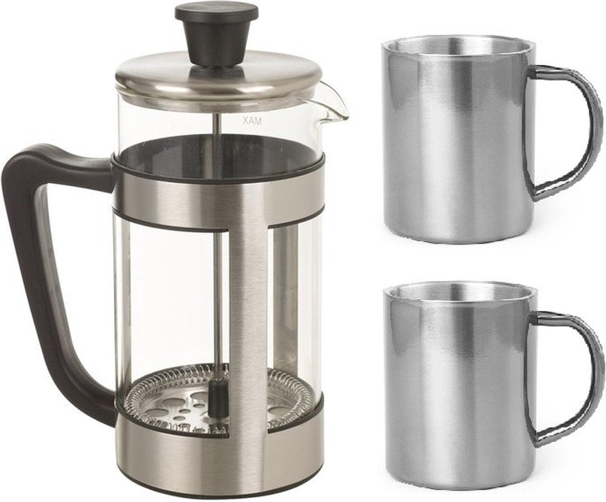 RVS Alpina Koffiezetter/koffiezetapparaat/percolator/cafetiere - Inclusief 2x RVS koffiemoken - 1 liter