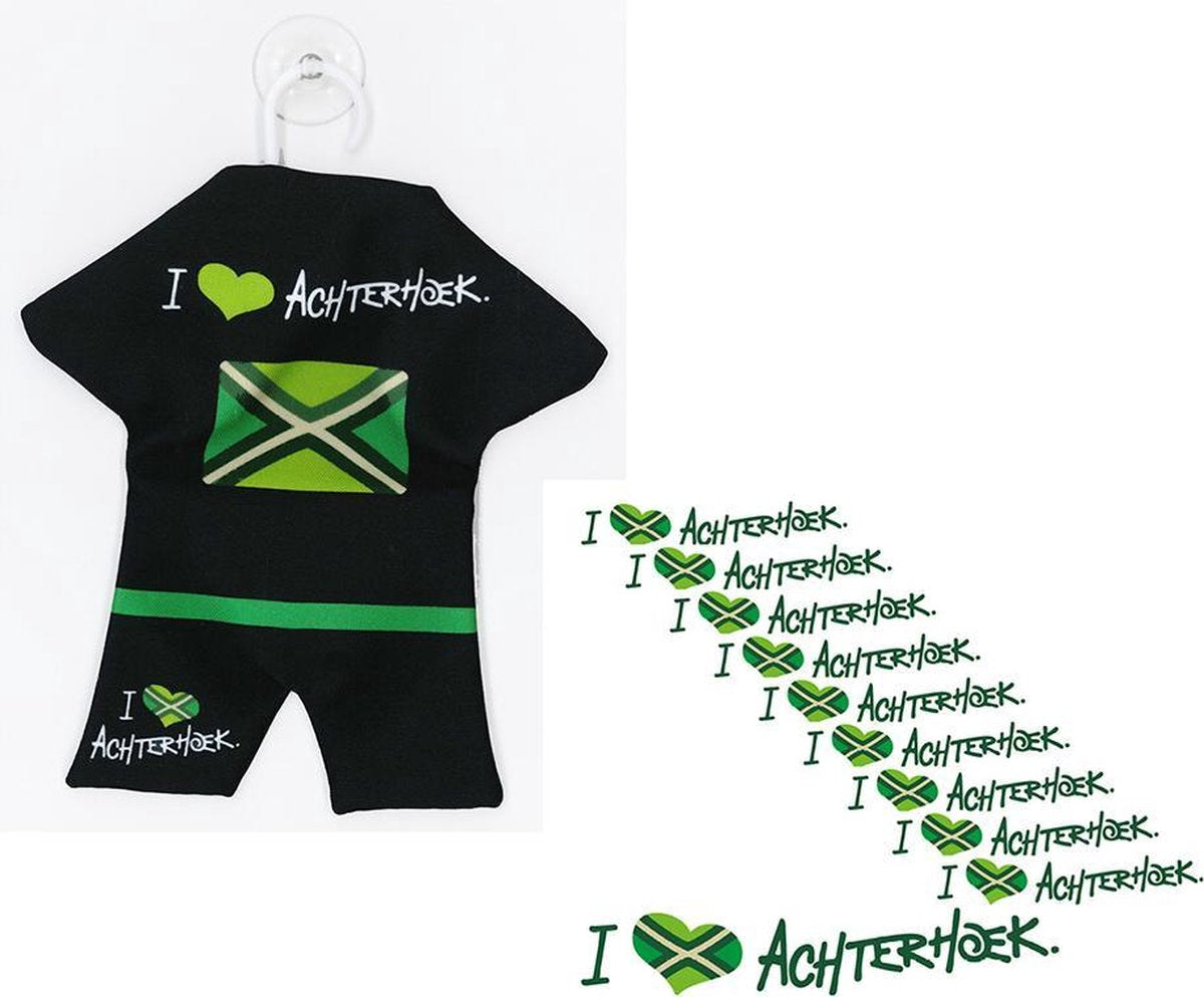 Achterhoek - Auto hanger - Zuignap - Zwart-groen - Vlag - 21 x 16 cm - 10x I Love Achterhoek Sticker - transparant - 20 x 3