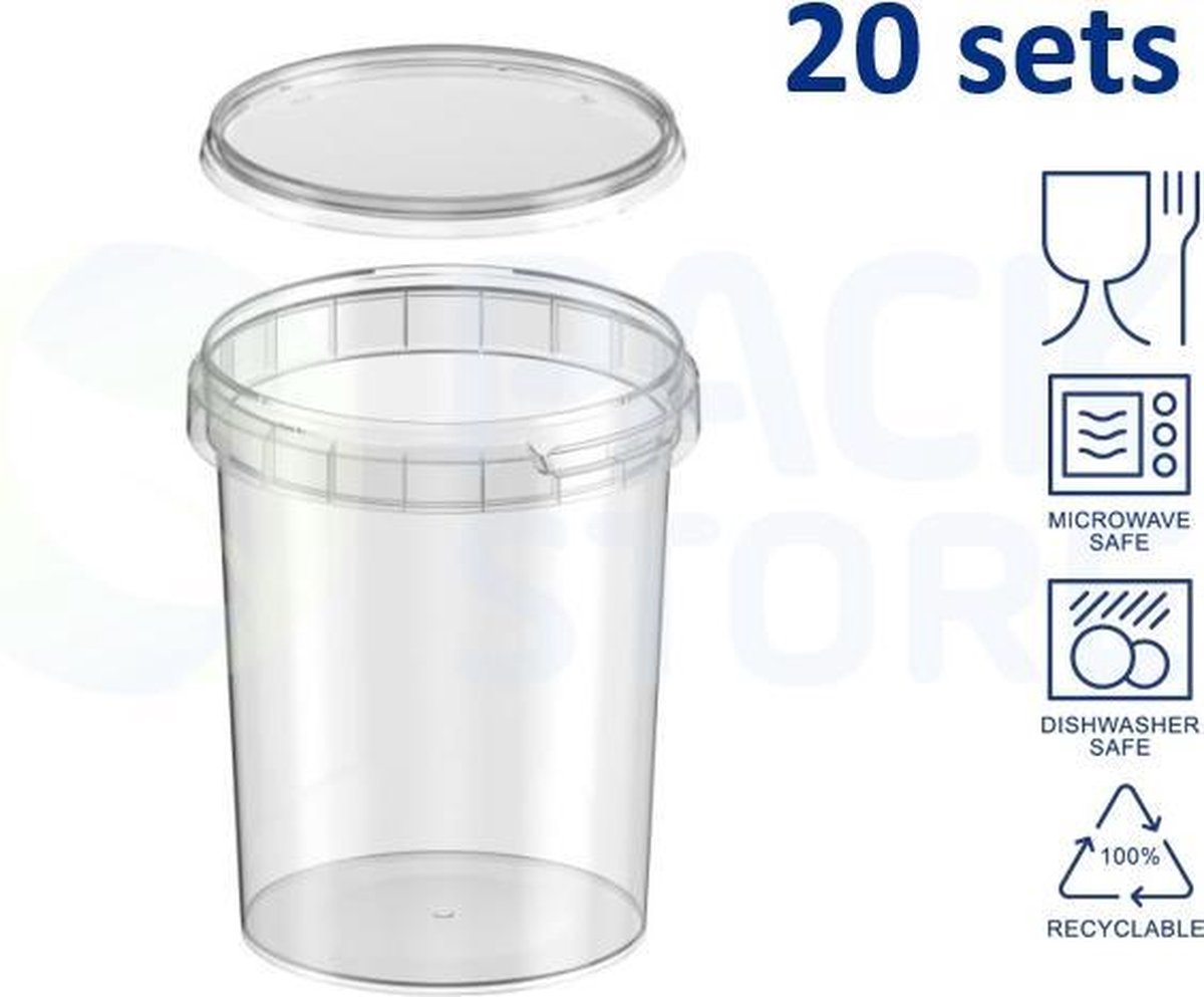 20 x Plastic bakjes rond ø95mm (520 ml) - Transparant met deksel - geschikt voor diepvries