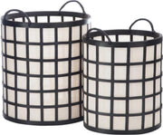 J-line Set 2 Manden Rond 2 Handvaten Bamboe/Stof Zwart/Wit 37X37X41Cm