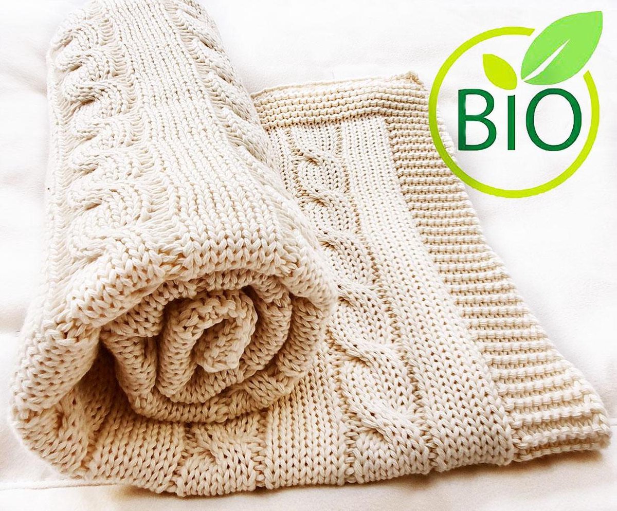 Wallaboo Babydeken Noa -gebreide wiegdeken - zacht en mooi - 100% biologisch katoen - 90 * 70 cm - Crème
