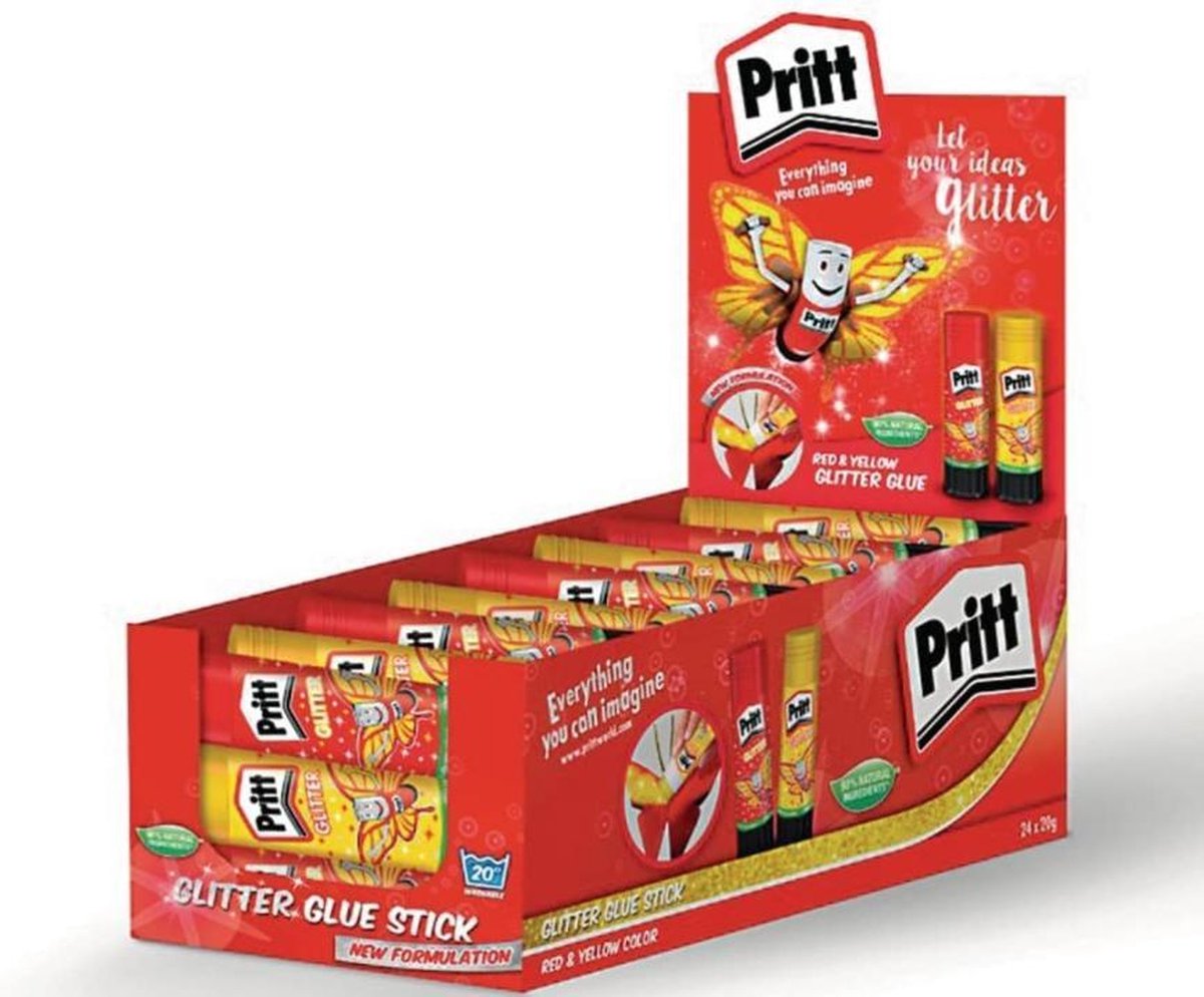 PRITT - Hobbylijm Kinderen - Colour & Glitter - Red & Yellow - Wasbaar - 24 Sticks Van 20g