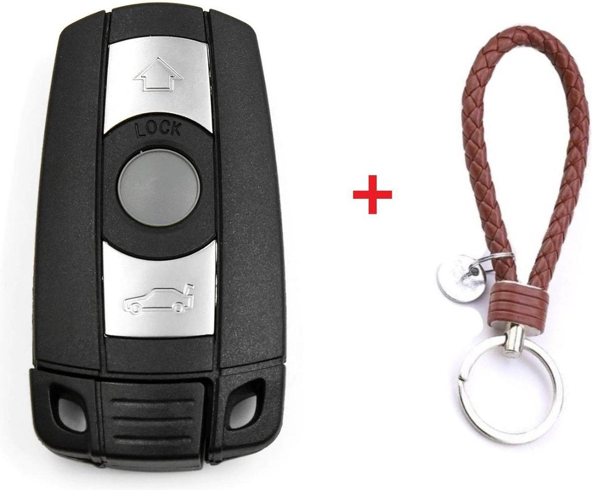 Autosleutel 3 knoppen smartkey CAS3 sleutelbehuizing HU131RS05 geschikt voor Bmw sleutel Z4 / 1/ 3 / 5 / 7 Series Bmw X1 / X3 / X5 / Bmw auto sleutel + gevlochten bruin PU-lederen sleutelhanger.