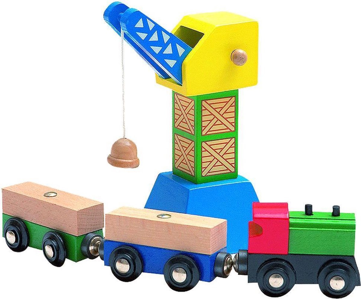 Woody houten kraan met trein en wagons