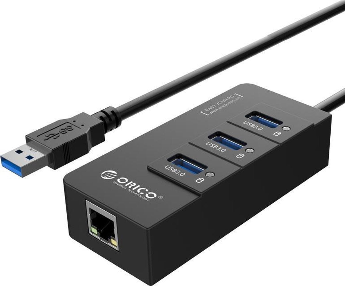 Orico USB 3.0 Hub  3x USB poorten en Gigabit Ethernet - Zwart