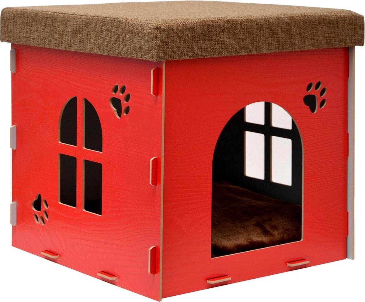 Kattengrot 38x38x38x38cm Zitbankje krukje kubuszitje incl. kattenhuis knuffelgrot 38x38cm rood