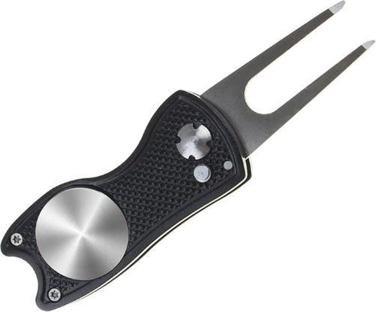 Firsttee - Pitchfork golf - Opvouwbaar - INCLUSIEF MARKER - Zwart - Repareer Greens - Golf accessoires - Golfballen - Pitchfork marker - Pitchfork metaal - Compact - Pocket  - Marker golfbal - Golfbalmarkers - Golf sport - Golf training - Cadeau