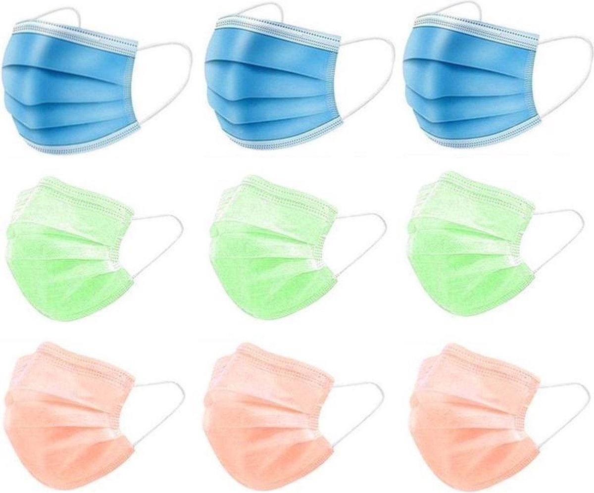 150 Wegwerp Mondkapjes in 3 Kleuren! Mondmaskers Blauw Groen Oranje | 3 Laags| Uitstekende Kwaliteit