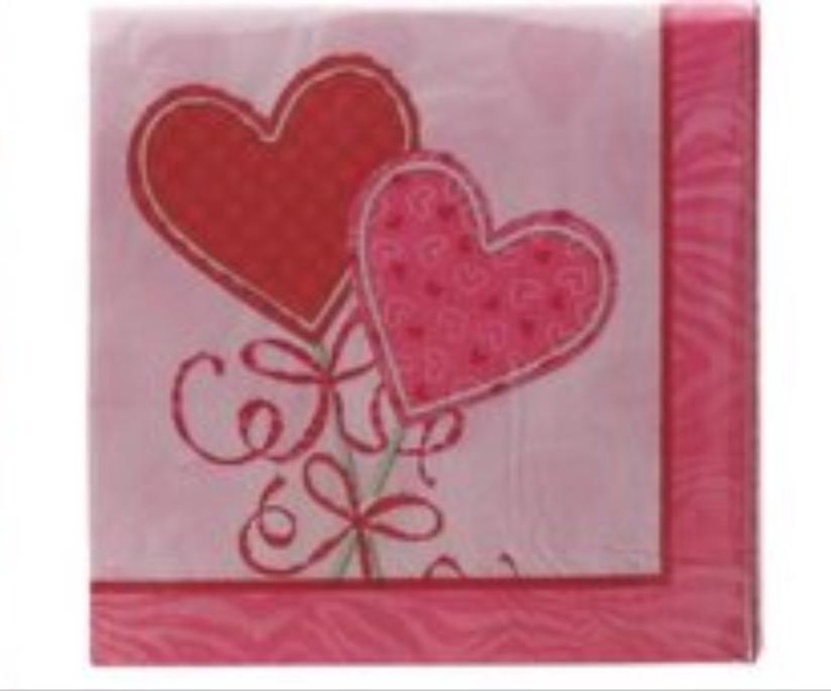 Servetten hartjes roze 10 stuks 17 cm lang 17 cm hoog