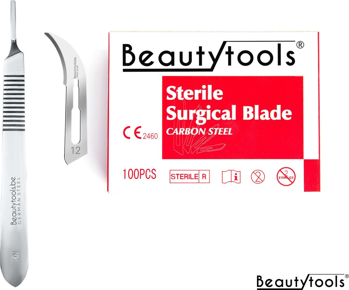 BeautyTools Set Scalpels met Bistouri Houder nr. 3 + Scalpel Mesjes nr. 12 (100 stuks) - Pedicure Mesjes - Steriel Verpakt (BP-0669)