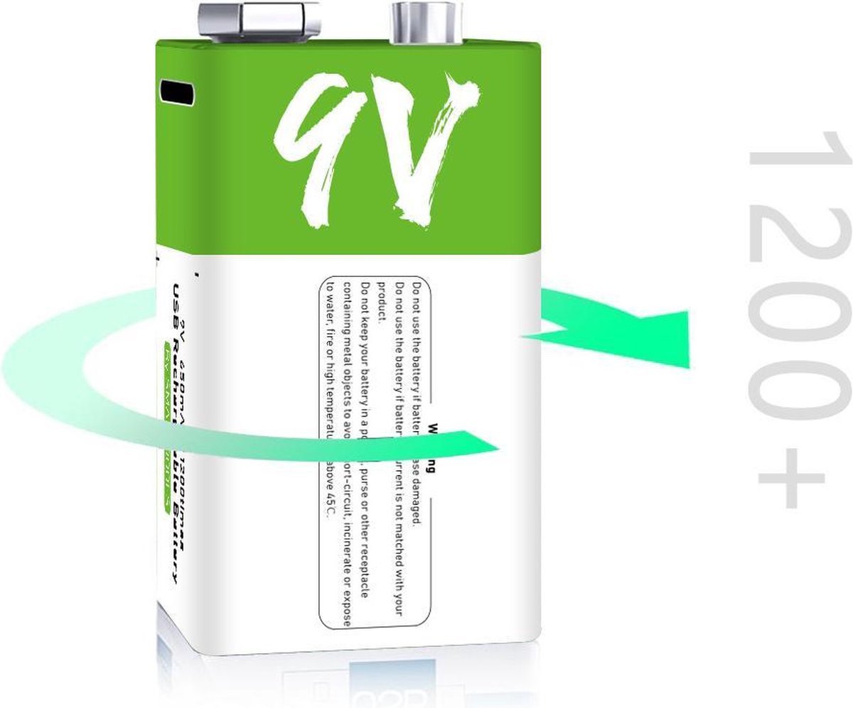 Oplaadbare lithium 9V batterij 450Mah - Met usb c oplader / oplaadkabel - <1200 oplaadbaar
