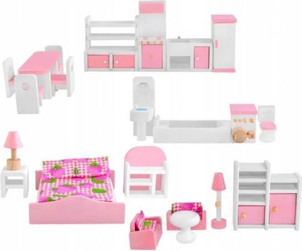 Houten Meubels set voor een Poppenhuis - Poppenhuis Meubels -Grote XL Set Meubelen - 27 Stuks - Roze-Wit