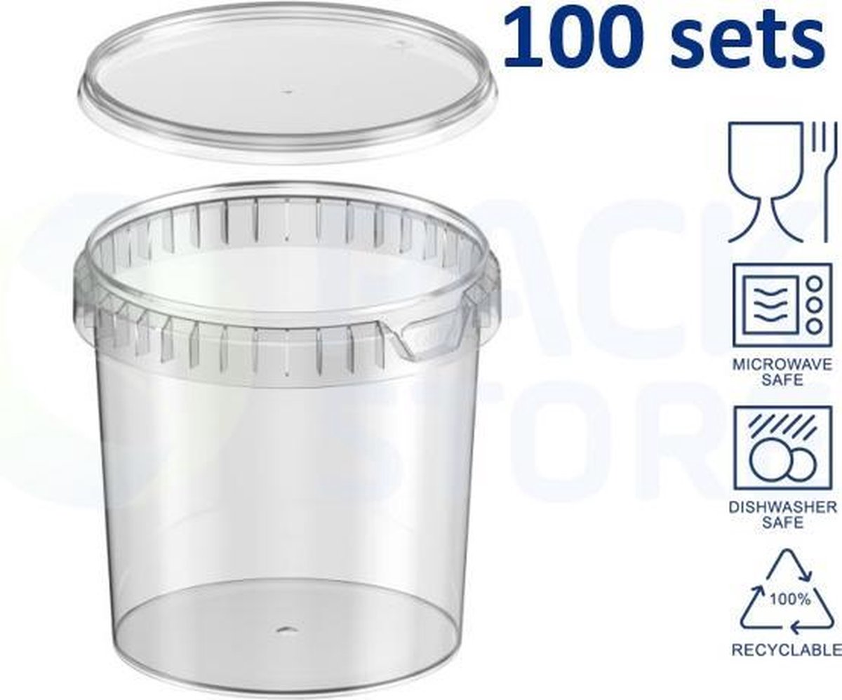 100 x Plastic bakjes rond (ø133mm) met deksel - 1200 ml - Transparant - Geschikt voor diepvries