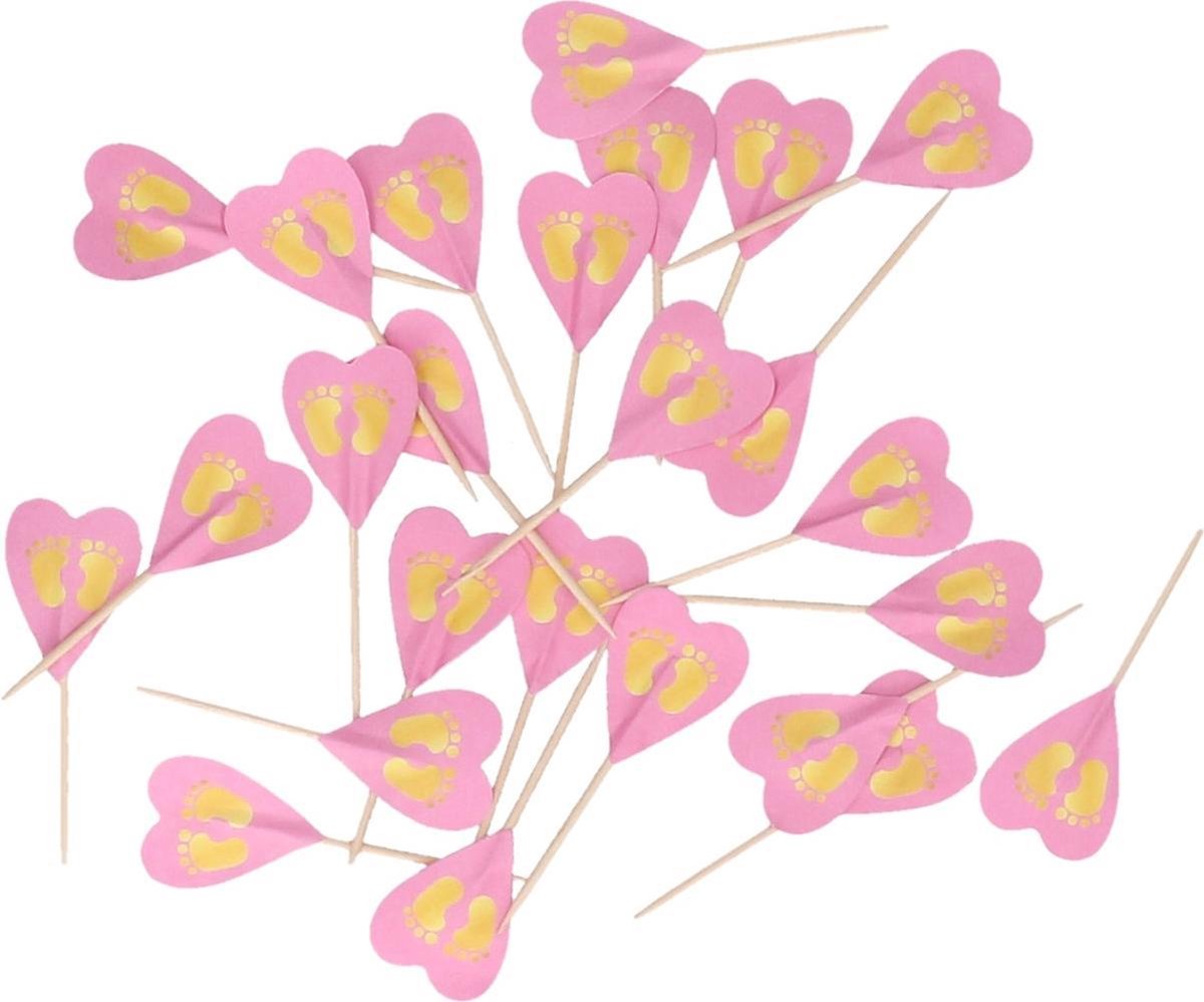 Cocktailprikkers hartje  roze met gouden baby voetjes - baby shower