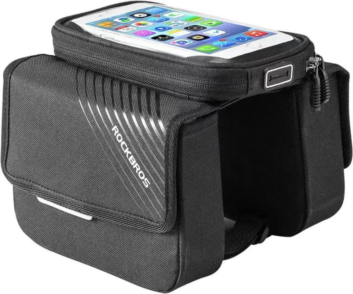 ROCKBROS Telefoonhouder fiets – Frametas fiets – Dubbele fietstassen – Mountainbike – MTB – Racefiets – Fietsen – Waterdicht – 6 inch – Grind zwart