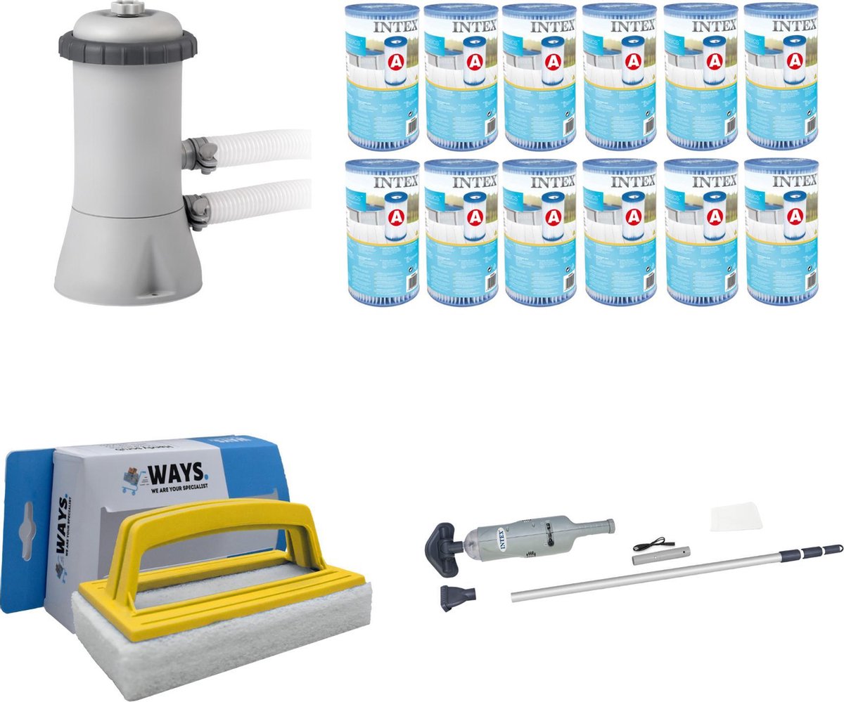 WAYS - Zwembad Onderhoud - Intex Zwembadstofzuiger & Intex Filterpomp 28604GS & 12 Intex Filters Type A & WAYS Handy Scrubborstel