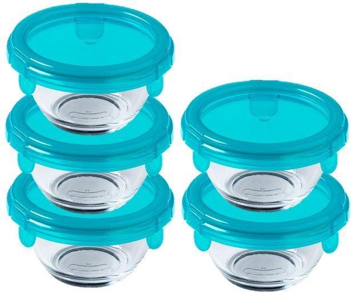 Pyrex - Cook & Go - Voedselcontainers - Schaaltjes met Deksel - Rond - 200ml - Set van 5 Stuks - Turquoise