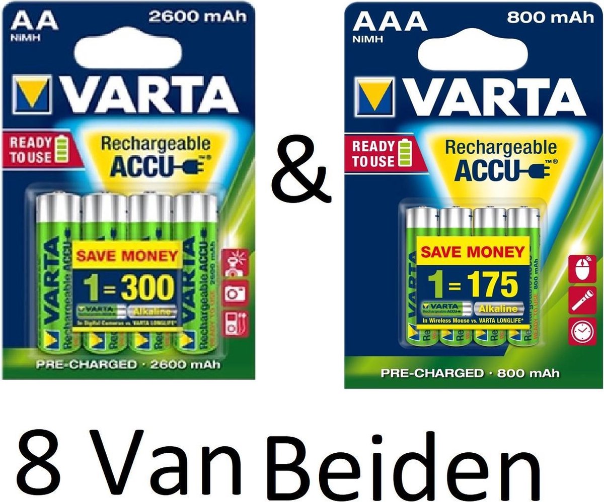 (8 Van Beiden) Varta AA & AAA oplaadbare batterijen Combi aanbieding  2600 mAh & 800 mAh