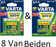 (8 Van Beiden) Varta AA & AAA oplaadbare batterijen Combi aanbieding  2600 mAh & 800 mAh