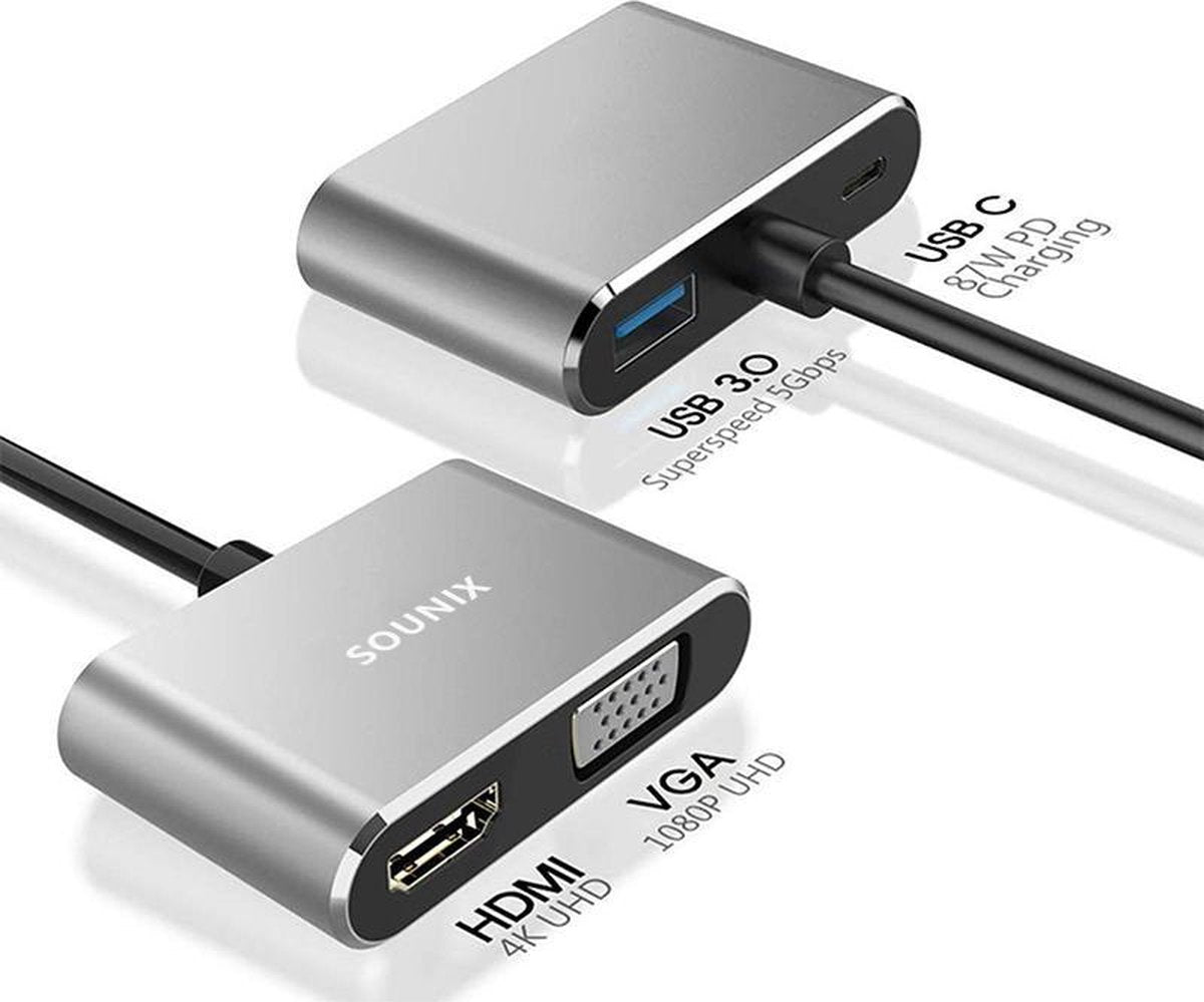 Sounix 4 in 1| 1*USB 3.0| VGA|USB-C Hub Adapter| HDMI & VGA | HDMI - 4k@30Hz
